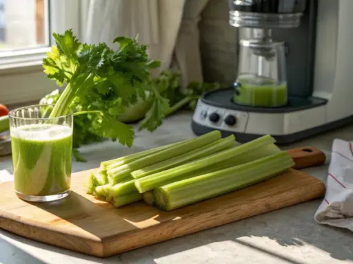 Färska selleristavar och juice på en skärbräda, redo för en hälsosam start på dagen. Selleri viktnedgång kan vara en del av en hälsosam livsstil.