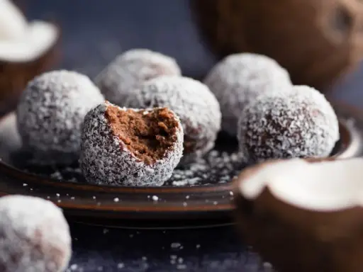 Chokladbollar med proteinpulver, rullade i kokos. En är uppäten, vilket avslöjar den mörka, saftiga insidan.