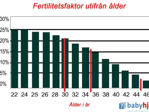 Diagrammet visar hur sannolikheten att bli gravid per månad minskar med åldern. Det ger en visuell förklaring till hur lång tid det kan ta att bli gravid.