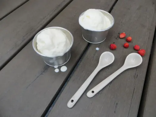 Två skålar med krämig glass på turkisk yoghurt, med vildhallon och skedar på en träyta.