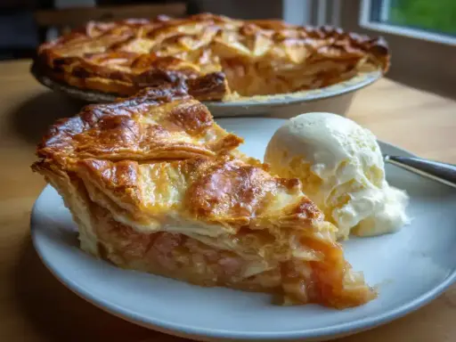 En bit gyllene rabarberpaj utan socker serveras med en kula vaniljglass. Pajen har ett krispigt, flagnande skal och en fyllning av saftig rabarber.