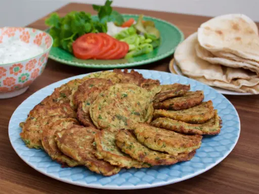 En stor tallrik med gyllene zeinas zucchinibiffar, serverade med pitabröd, en skål med vit sås och en sallad med tomat och gurka.