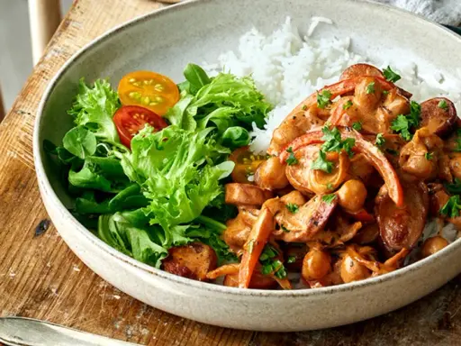 En krämig kycklinggryta med kikärtor och paprika serveras med ris och en fräsch sallad. Perfekt nyttig vardagsmat för hela familjen.