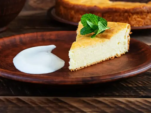 En bit fluffig, nyttig cheesecake med mynta och en klick grädde på en lerbricka.