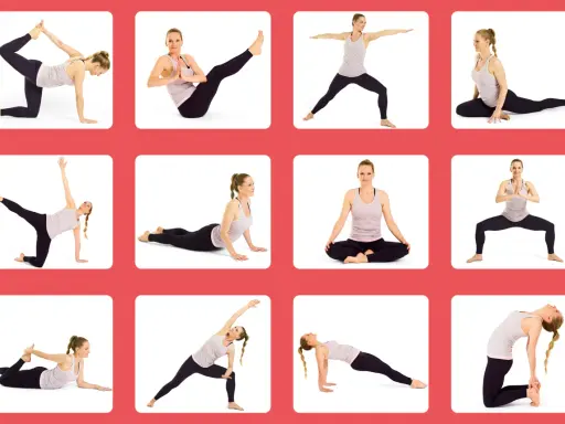 En kvinna visar olika yoga positioner, som krigare, duva och kobran. Dessa yoga positioner namn kan hjälpa till med flexibilitet.