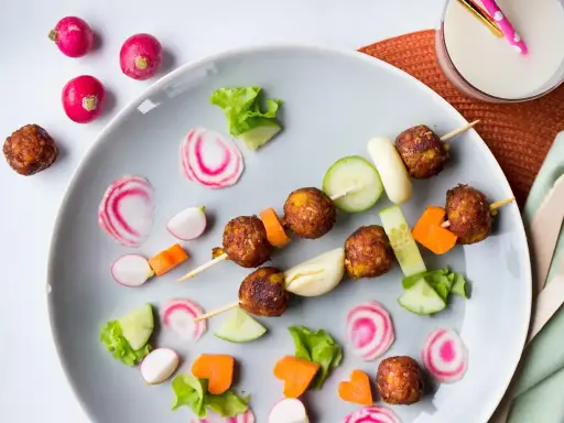 Vegetariska mat för barn på ett fat med köttbullar, gurka, morötter och rädisor. En festlig och hälsosam måltid!