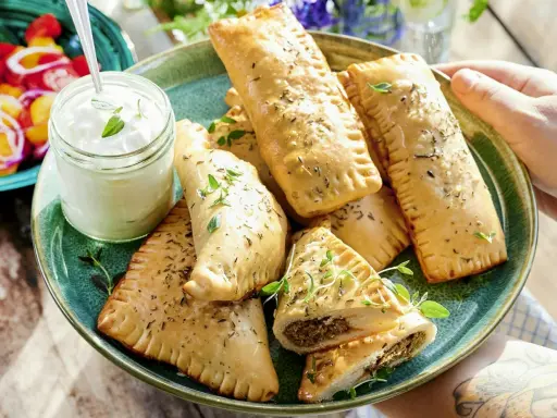 En tallrik med gyllene, fyllda piroger och en burk krämig dipp. Perfekta nyttiga snacks barn kan njuta av.