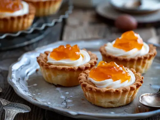 Små, krispiga bakelser med fluffig grädde och aprikosgelé. Dessa mandelmusslor utan mandel ser utsökta ut!