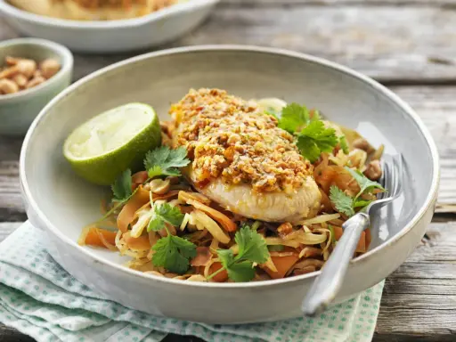 En läcker kycklingfilé med nötter och koriander serveras på en bädd av grönsaker. Ett perfekt kyckling recept under 500 kcal för en lätt lunch.