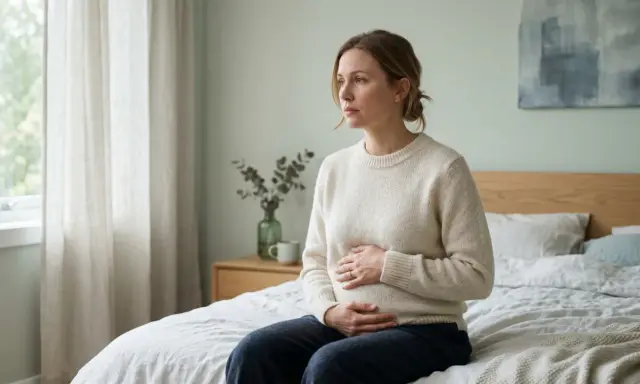 En kvinna sitter på en säng med händerna över magen, blicken fäst vid fönstret. En känsla av sorg och tyst missfall vilar över scenen.