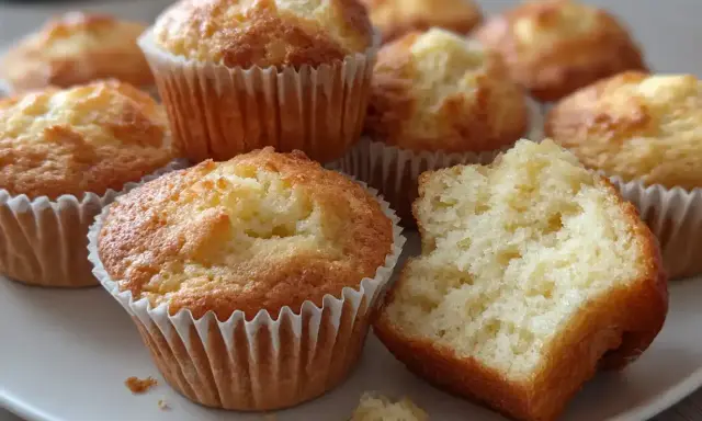 En tallrik med gyllene mellanmålsmuffins barn älskar. En muffin är uppdelad och visar en mjuk insida.