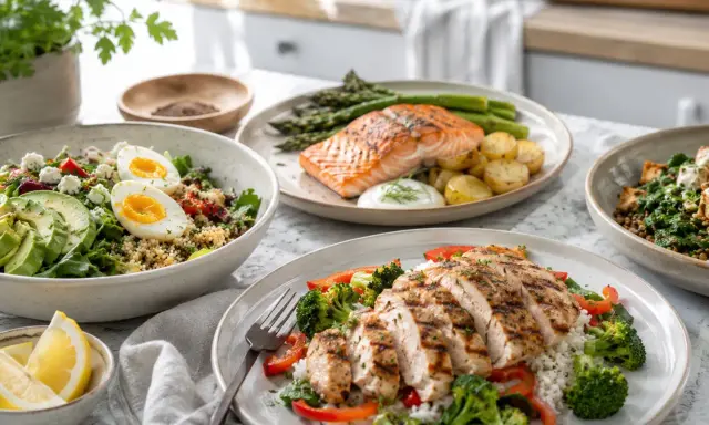 Läckra proteinrika recept middag: grillad lax med grönsaker, kycklingfilé med ris och en fräsch sallad med avokado och ägg.