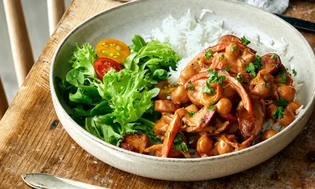 En krämig kycklinggryta med kikärtor och paprika serveras med ris och en fräsch sallad. Perfekt nyttig vardagsmat för hela familjen.