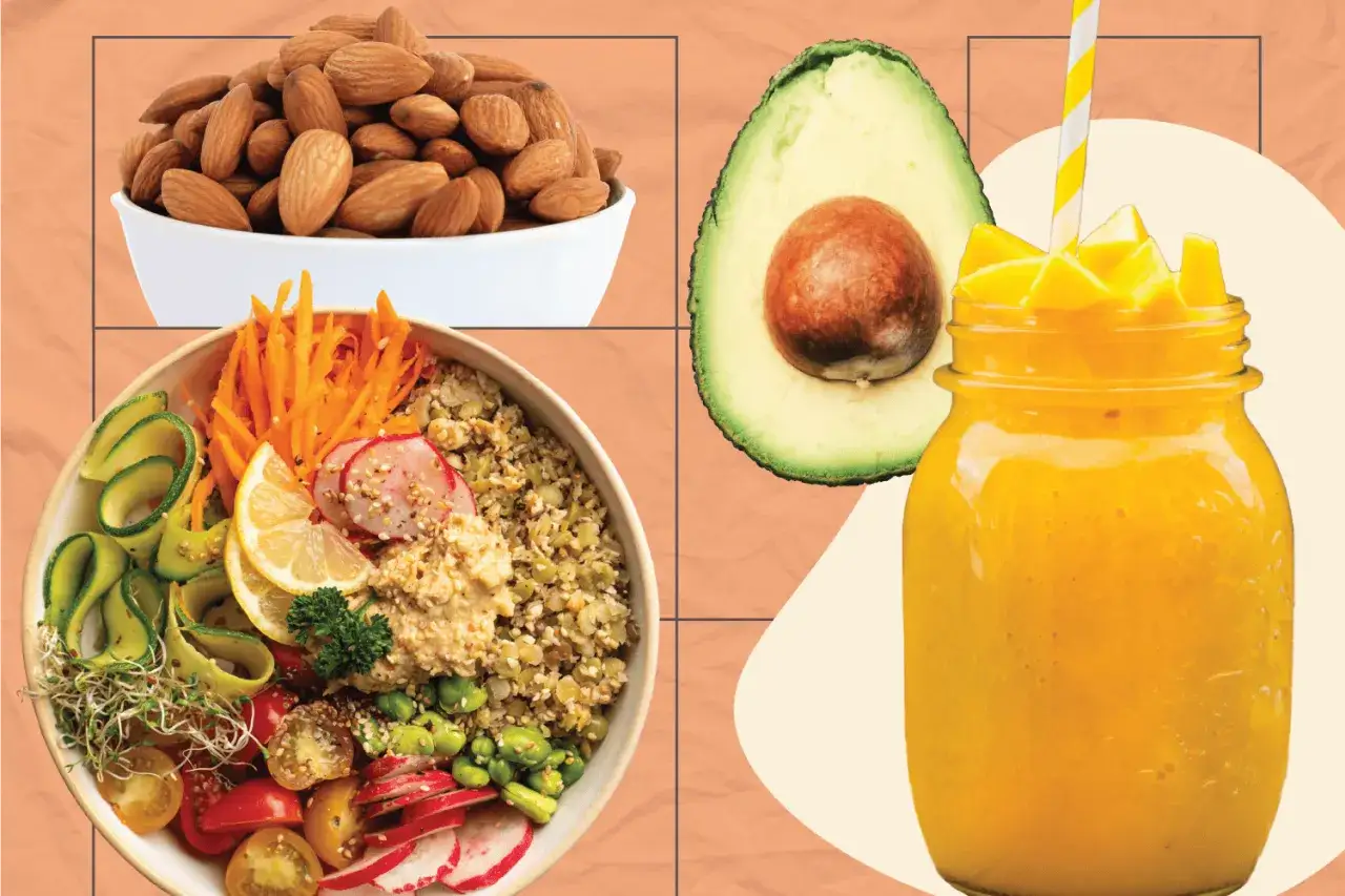 En sk&aring;l med vegansk mat, mandlar, avokado och en mangosmoothie. Perfekt f&ouml;r dig som vill g&aring; ner i vikt vegan.