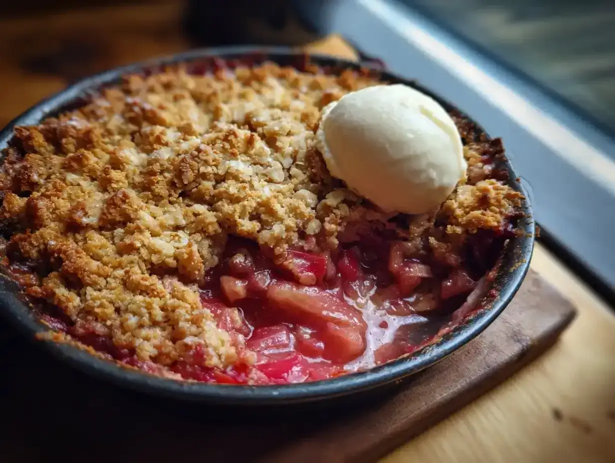 En härlig rabarberpaj utan socker med en kula vaniljglass. Perfekt för en fika.