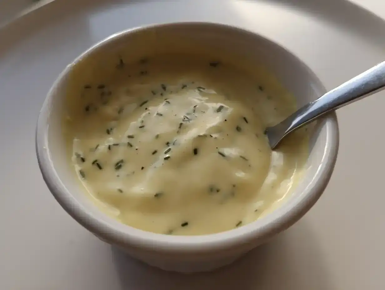 En sk&aring;l med kr&auml;mig, nyttig bearnaises&aring;s med &ouml;rter och en sked. Perfekt till middagen!