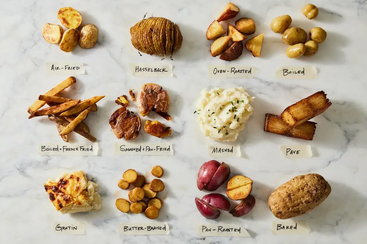 Olika tillagade potatisr&auml;tter, fr&aring;n krispiga pommes frites till kr&auml;migt mos. Potatis nyttigt i alla former!