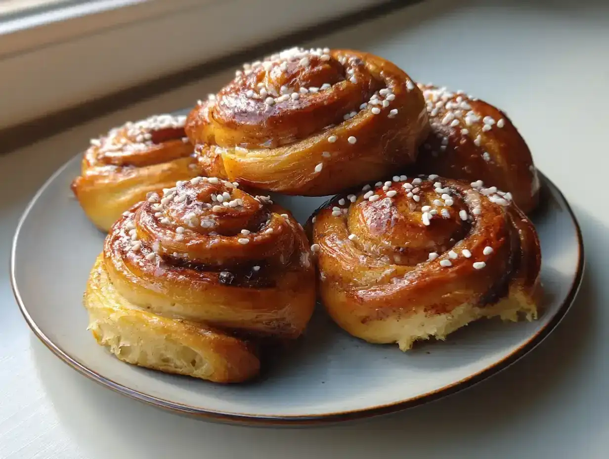 Nybakade kanelbullar med p&auml;rlsocker, perfekta som protein kakor recept f&ouml;r en fika.