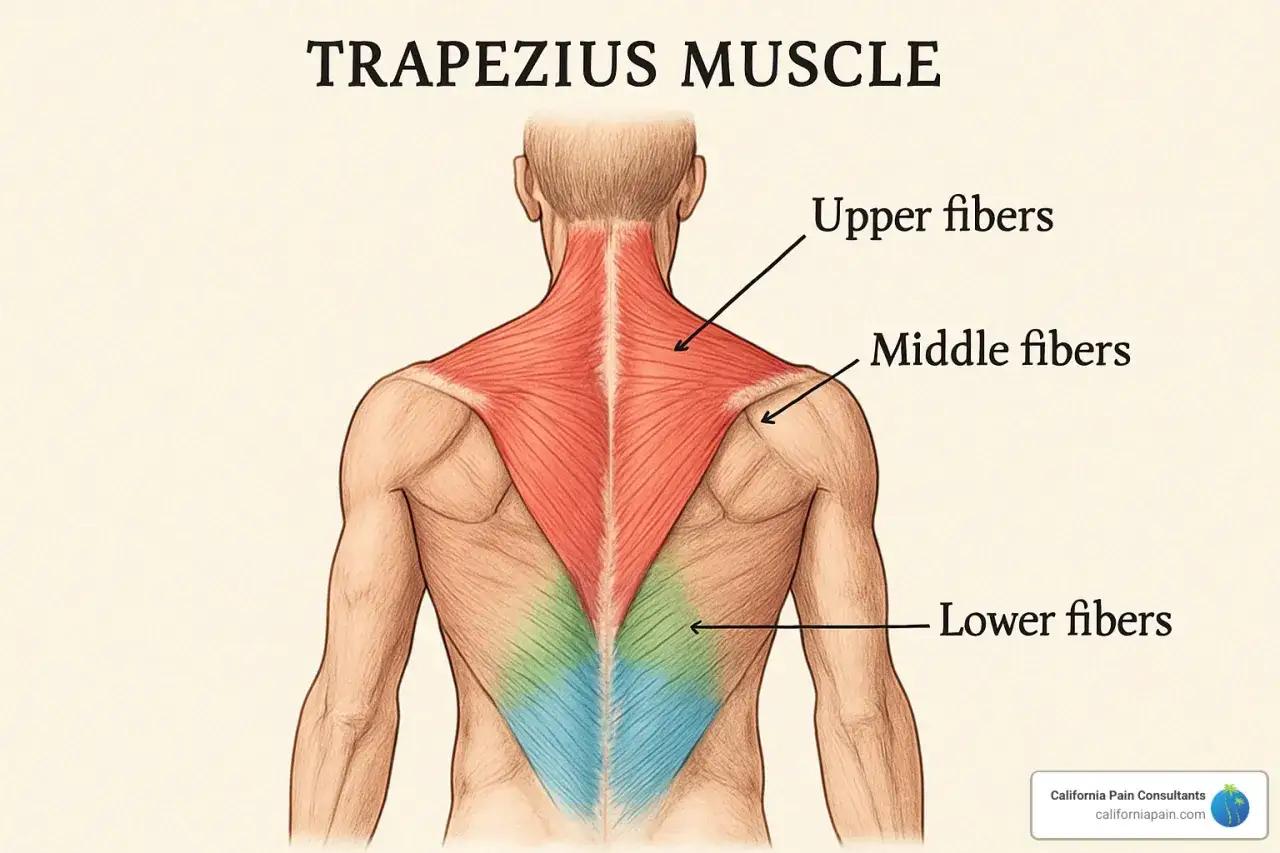 Illustration av ryggens muskler, med trapeziusmuskeln uppdelad i &ouml;vre, mellersta och nedre fibrer.