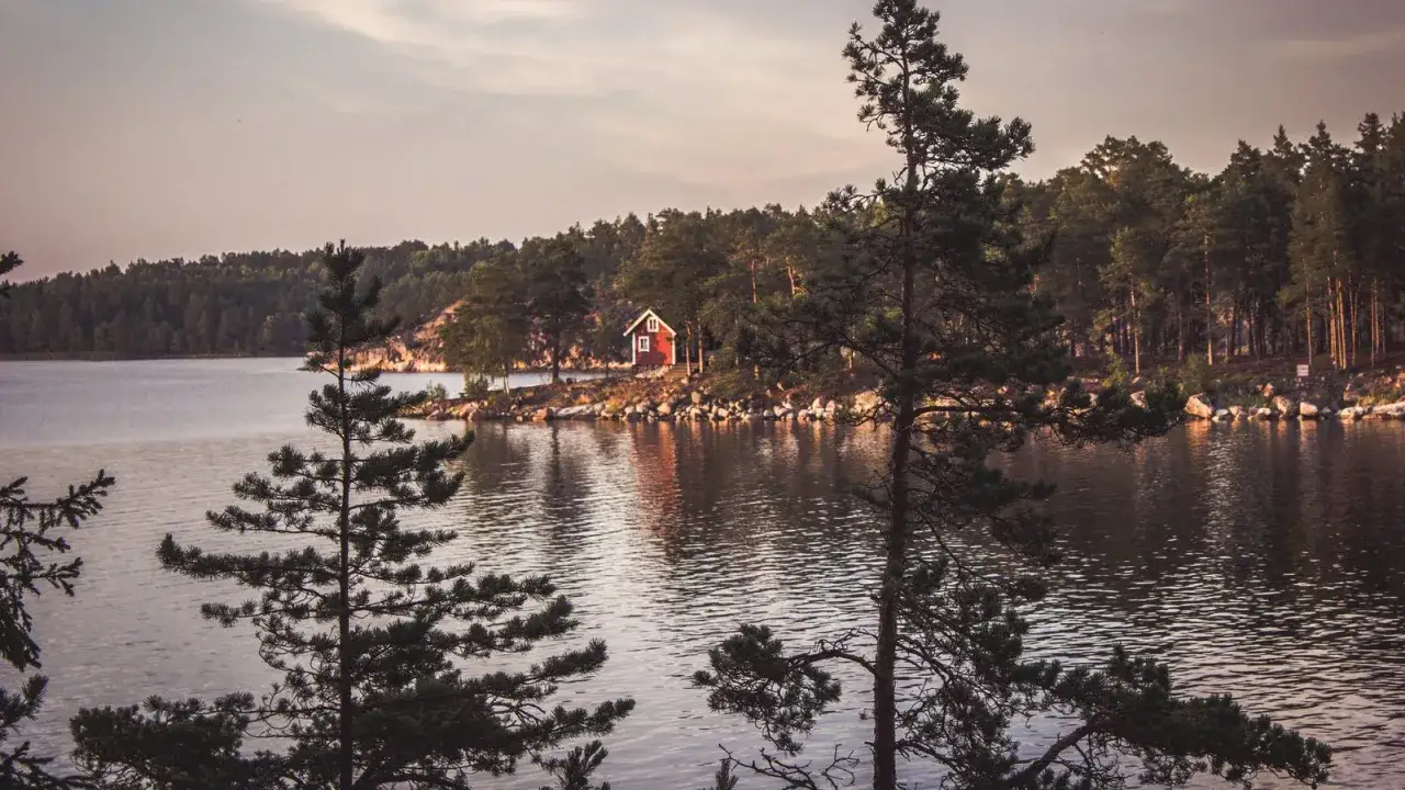 En r&ouml;d stuga vid en sj&ouml;, omgiven av skog. Perfekt f&ouml;r en yoga retreat i Stockholm.