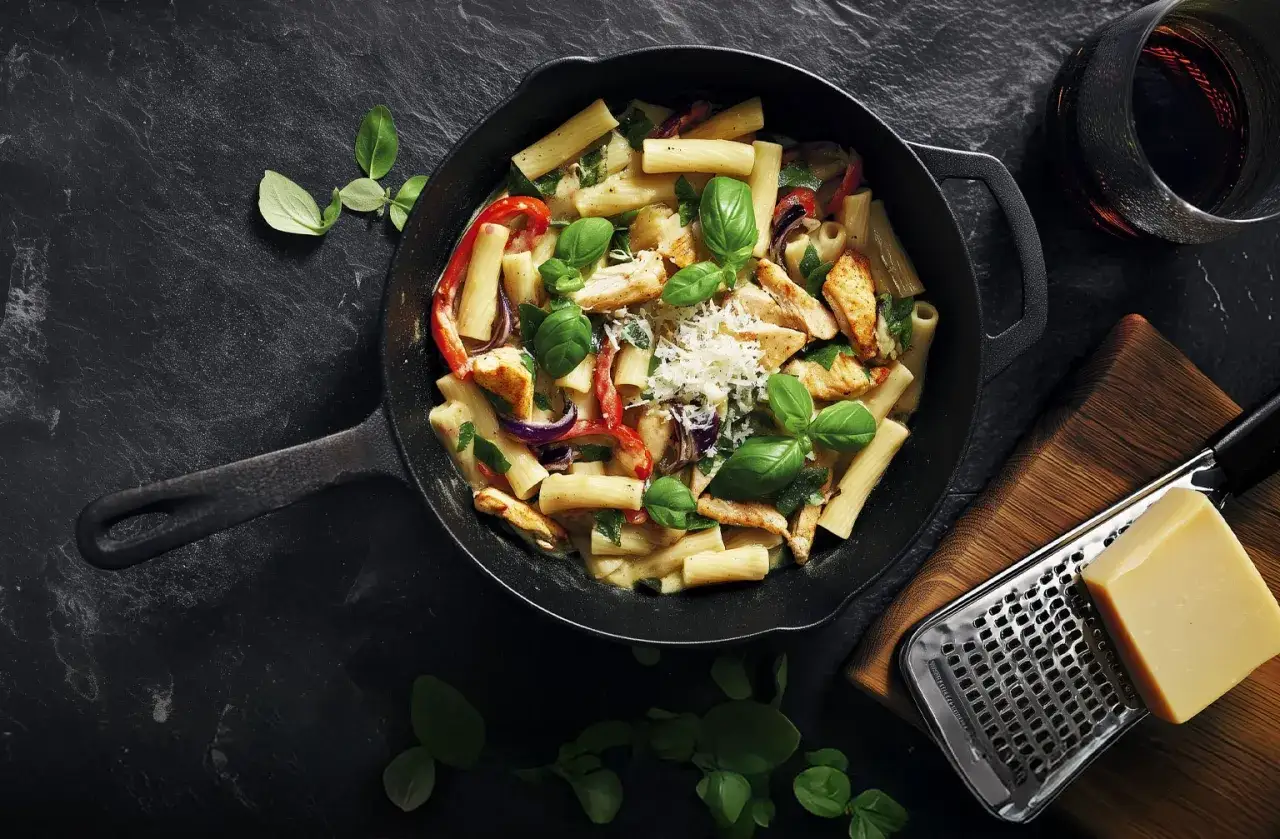 En gjutj&auml;rnspanna fylld med kr&auml;mig kycklingpasta, toppad med f&auml;rsk basilika och riven parmesan. En h&auml;rlig middag!