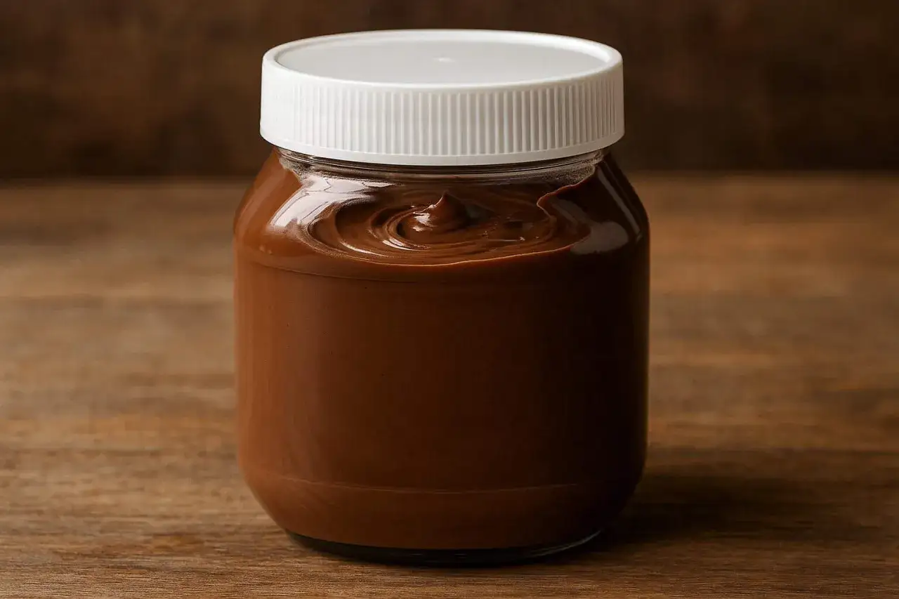 En burk kr&auml;mig chokladkr&auml;m med vit kork. M&aring;nga undrar om nutella nyttigt, men denna bild visar bara den l&auml;ckra konsistensen.