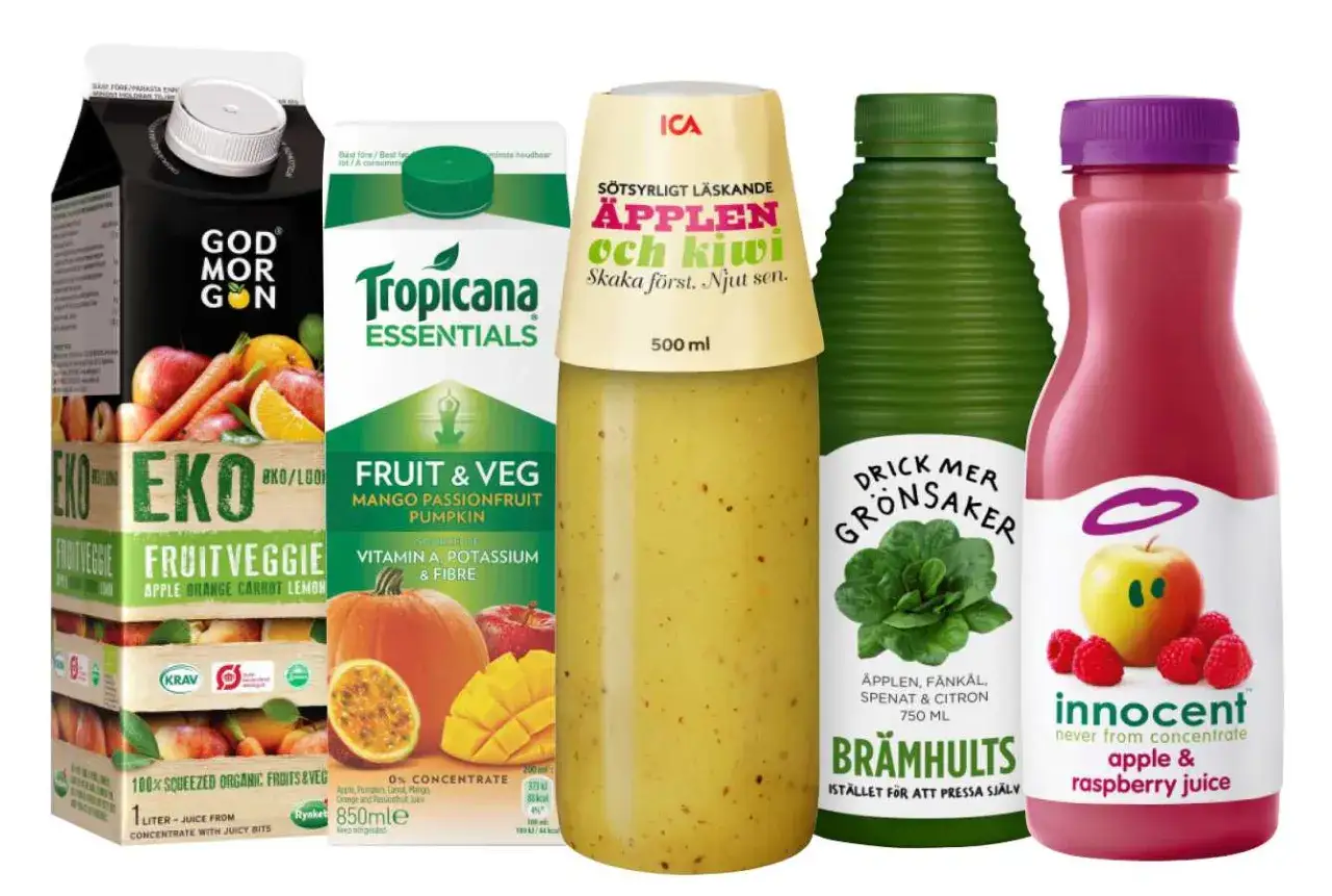 Sju olika juicer och smoothies, inklusive &auml;ppel- och kiwijuice, med fokus p&aring; frukt och gr&ouml;nsaker.